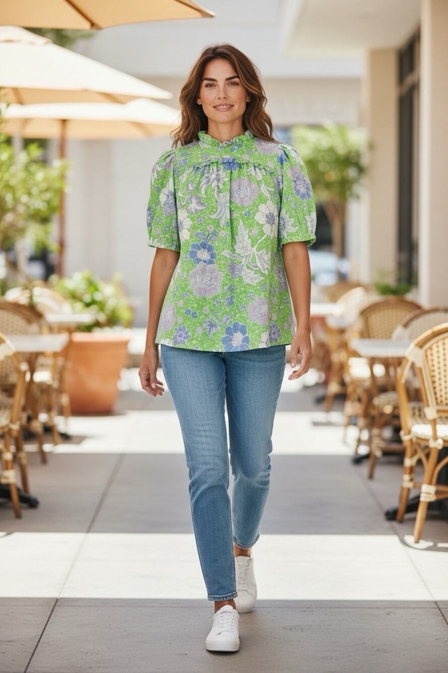 Joie Bright Green Floral Blouse Ruffle Flowy Career Casual Top size small - Picture 1 of 14